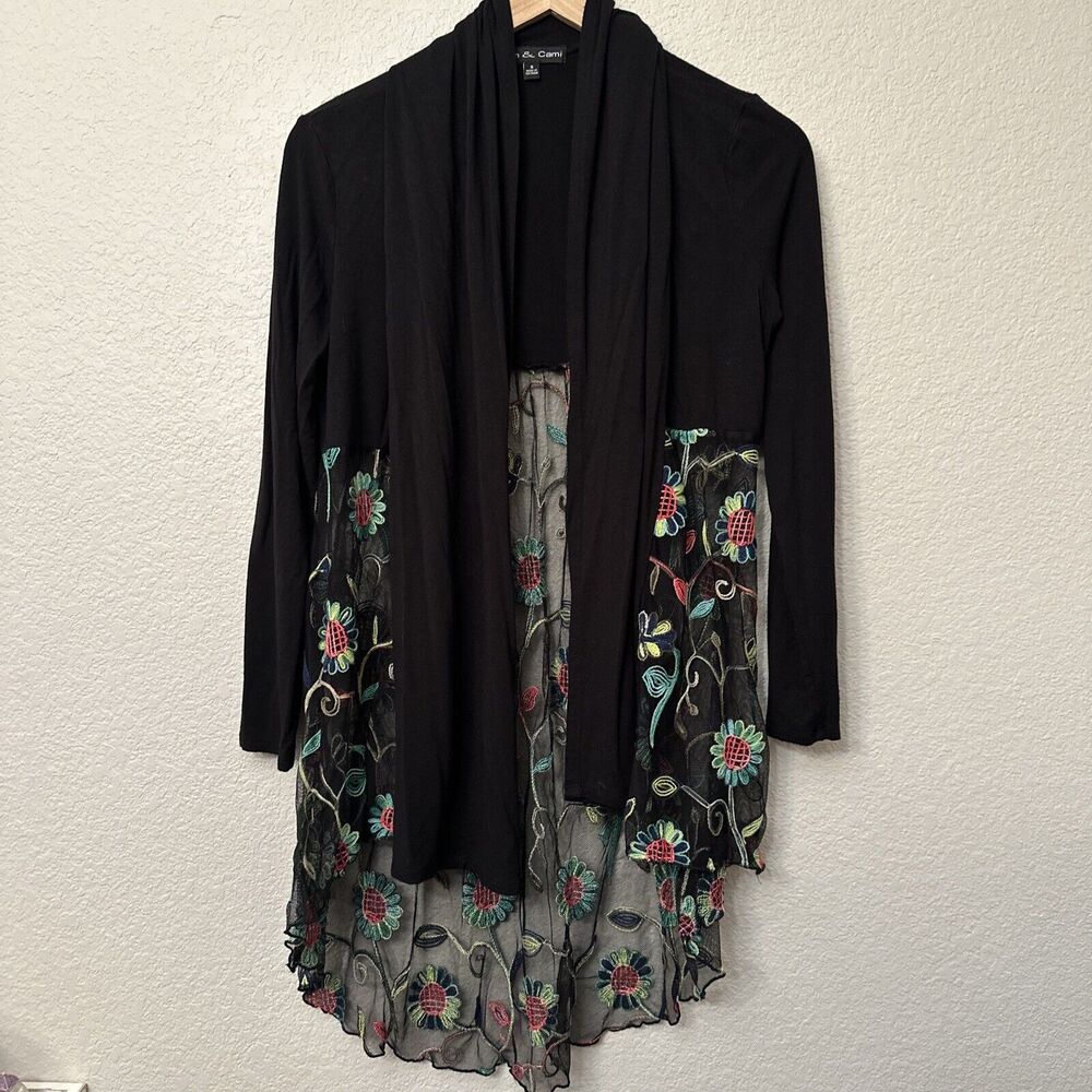 Kim & Cami Anthropologie Womens Small Black Sheer Floral Back Open Front